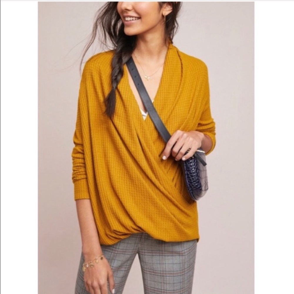 Anthropologie Mustard Yellow Draped V-Neck Sweater